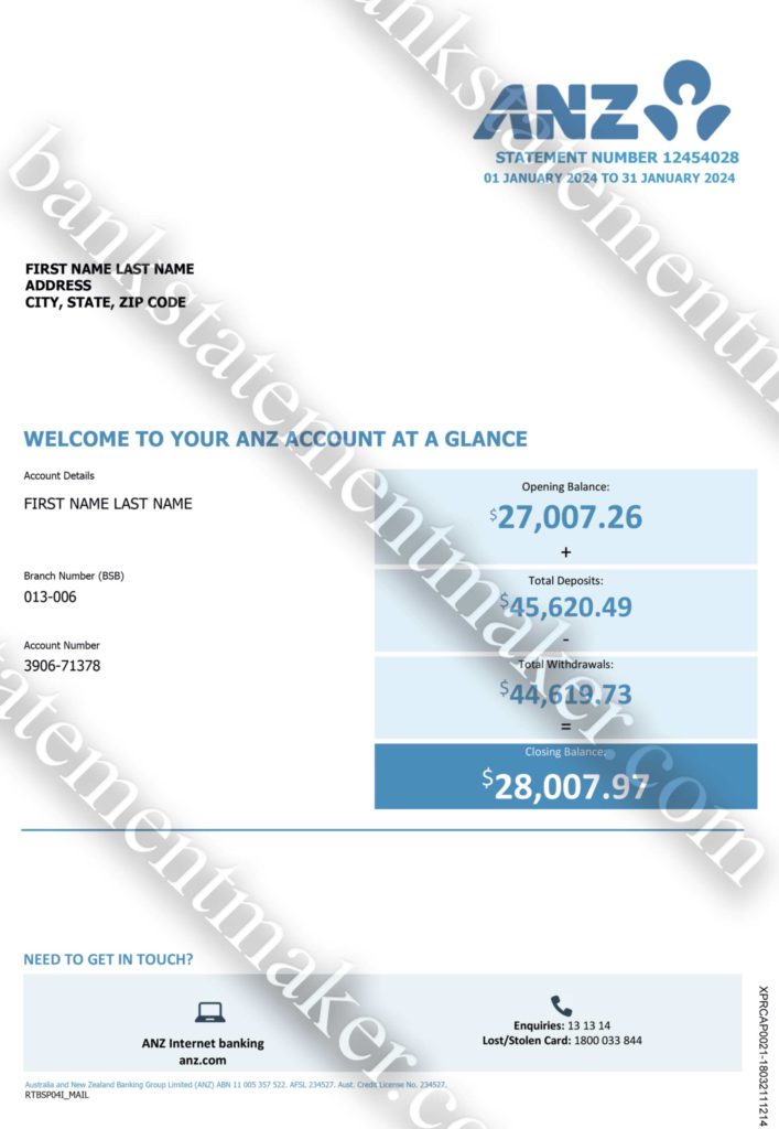 ANZ Australia bank statement template 2 ANZ Australia sample bank statement in PDF format, editable document for training, interface simulation, or verification testing.