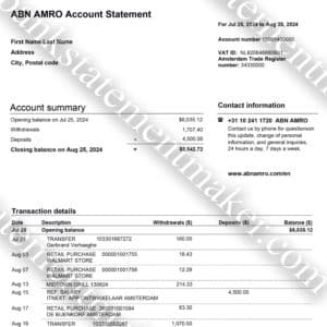 ABN AMRO Netherlands bank statement template – realistic and editable PDF for proof of address & compliance training