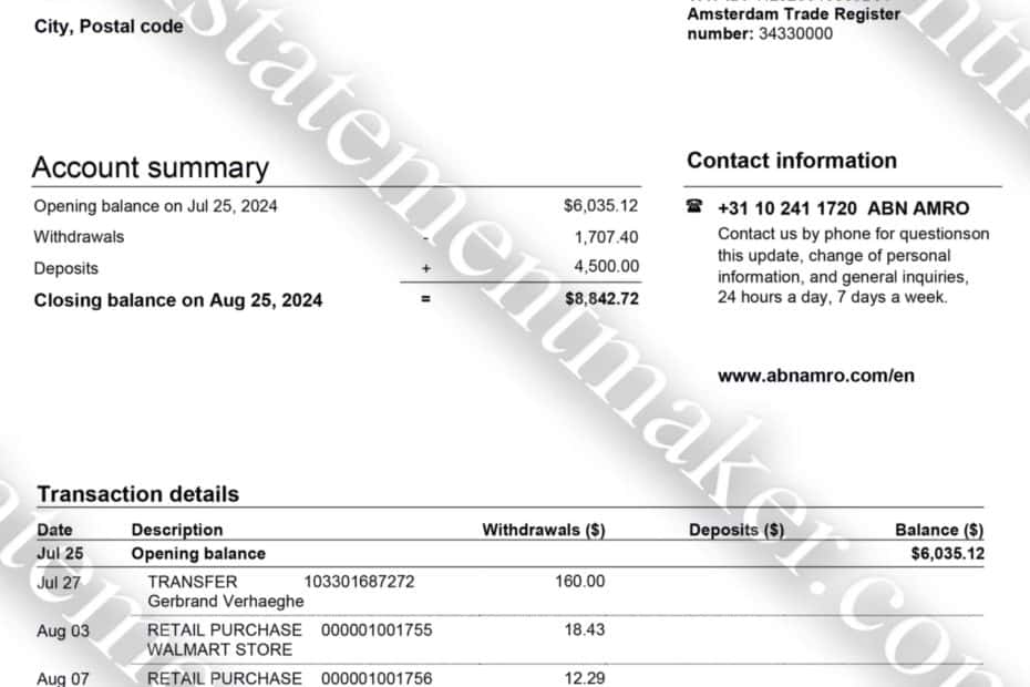 ABN AMRO Netherlands bank statement template – realistic and editable PDF for proof of address & compliance training