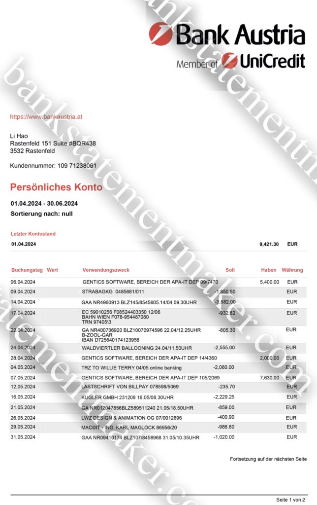 The Benefits of Custom Bank Statements for Personal and Business Use 2 Bank Austria bank statement template