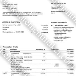 CIBC Canada bank statement – editable PDF file for address verification and document training