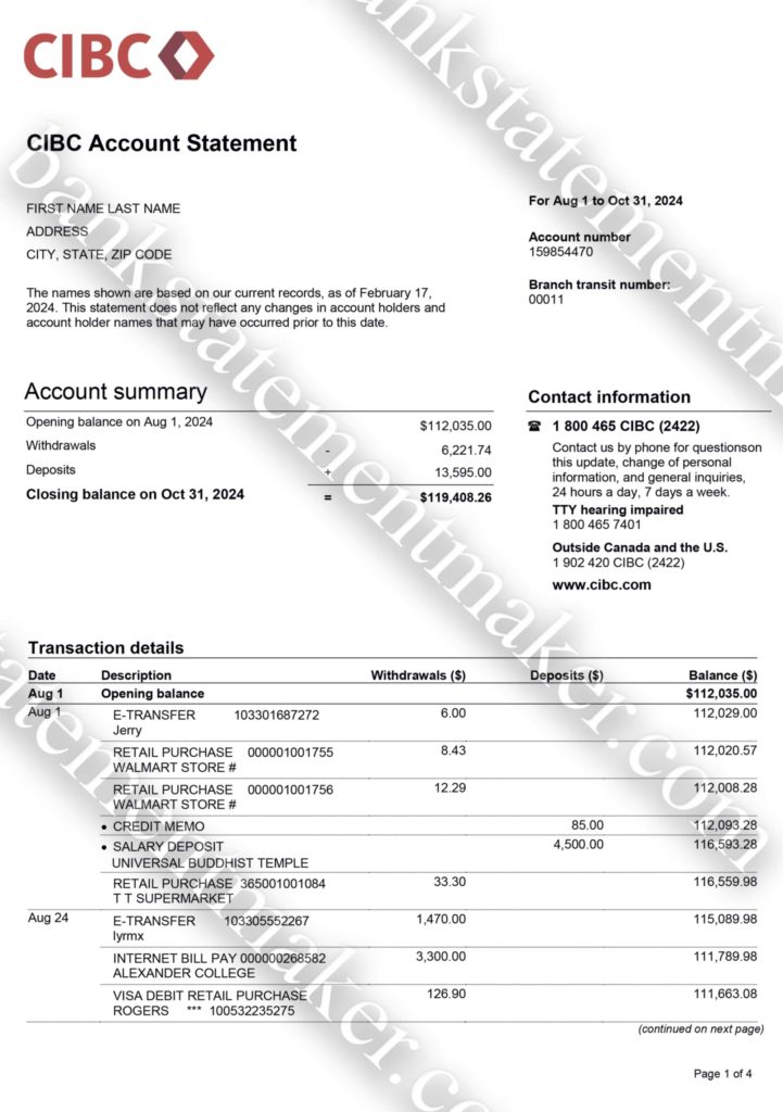 CIBC Canada Bank bank statement template 2 CIBC bank statement from Canada in PDF format, used as a sample document for editable templates and verification mockups.