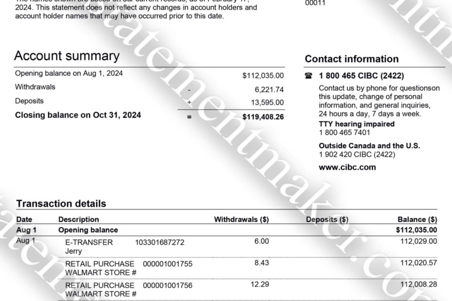 CIBC Canada bank statement – editable PDF file for address verification and document training