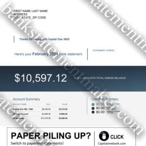 Capital One bank statement template – editable PDF for verification, mockups, and training