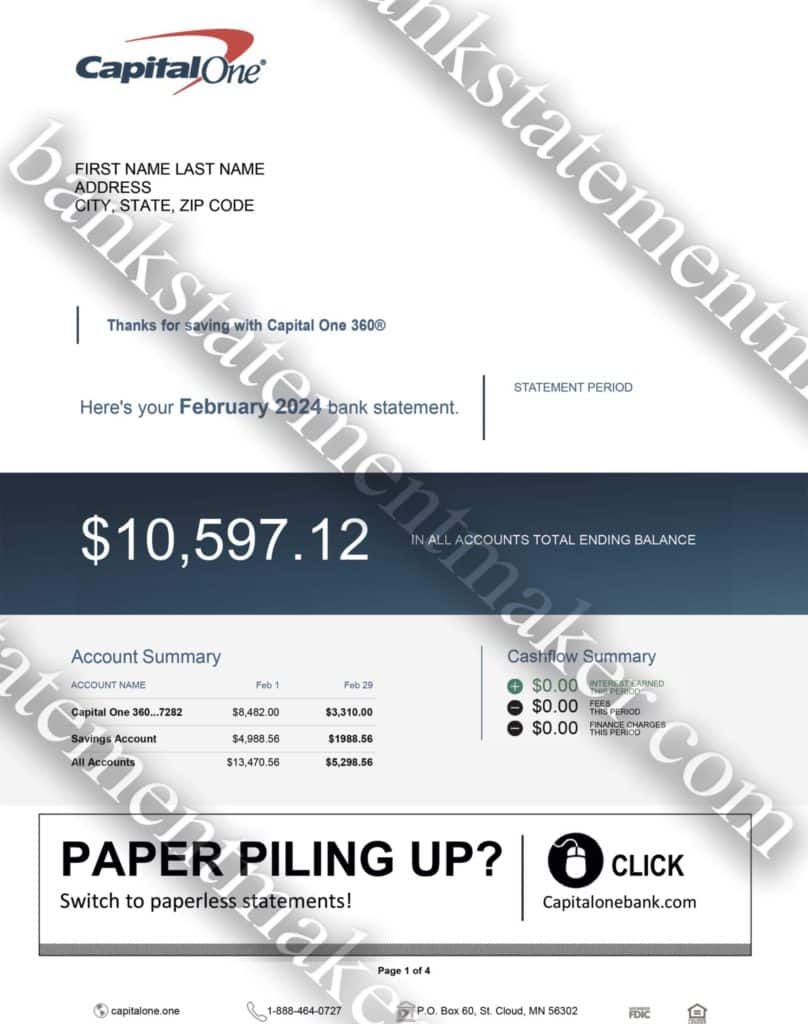 Capital One bank statement template 2 Capital One bank statement template – editable PDF for verification, mockups, and training