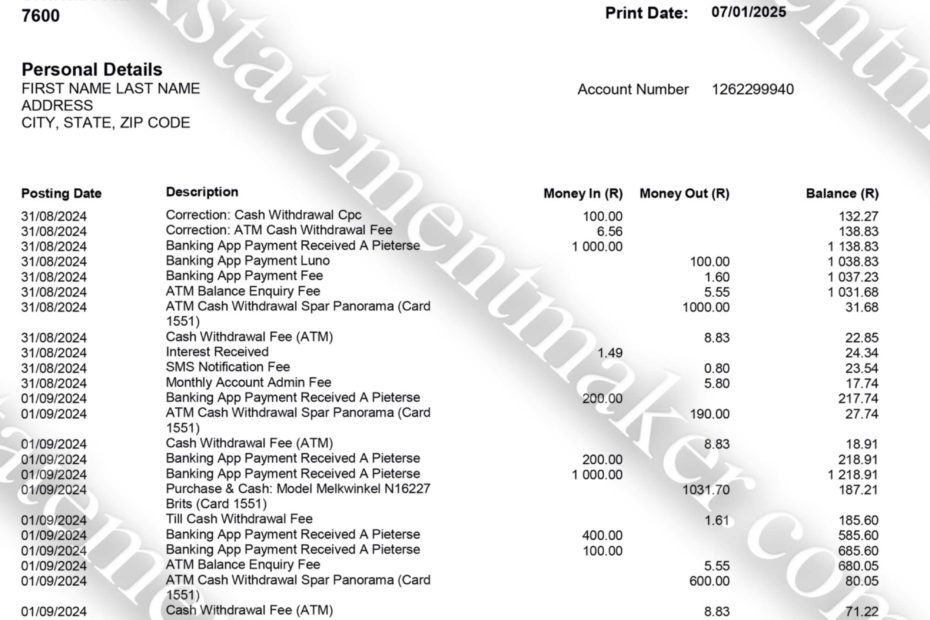 Capitec Bank South Africa editable bank statement – realistic financial document for KYC and address confirmation