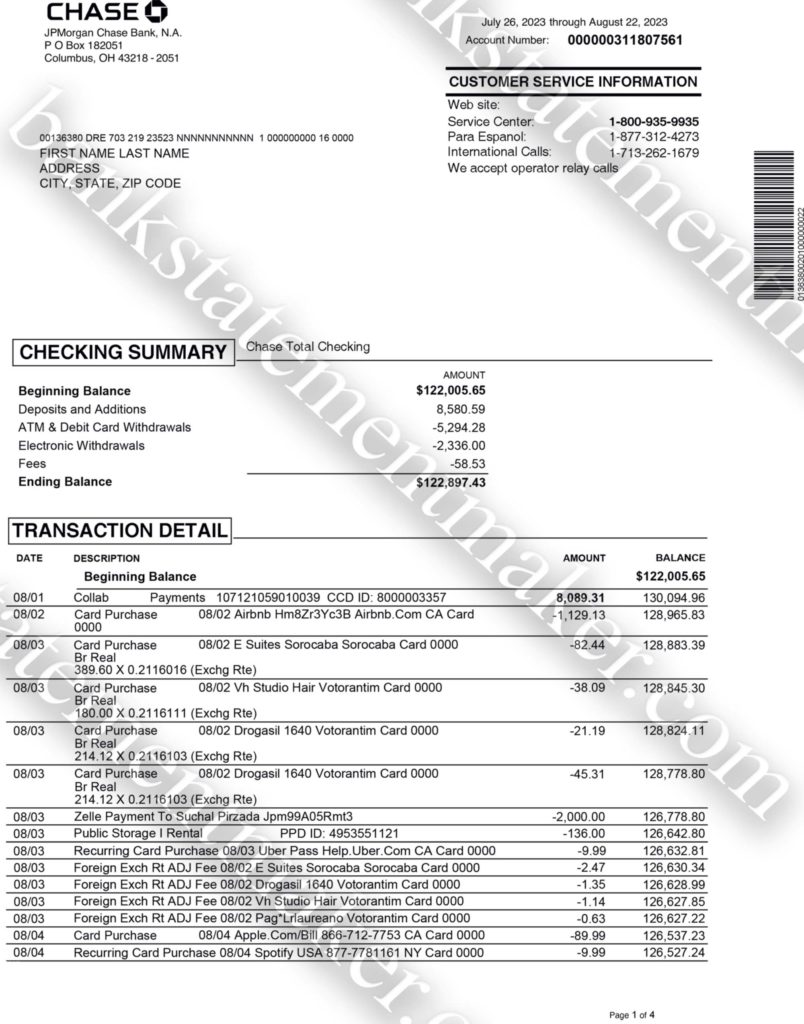 Chase bank statement template 2 Chase Bank sample statement in PDF format from the US, displaying realistic financial details for UX training or simulation use.