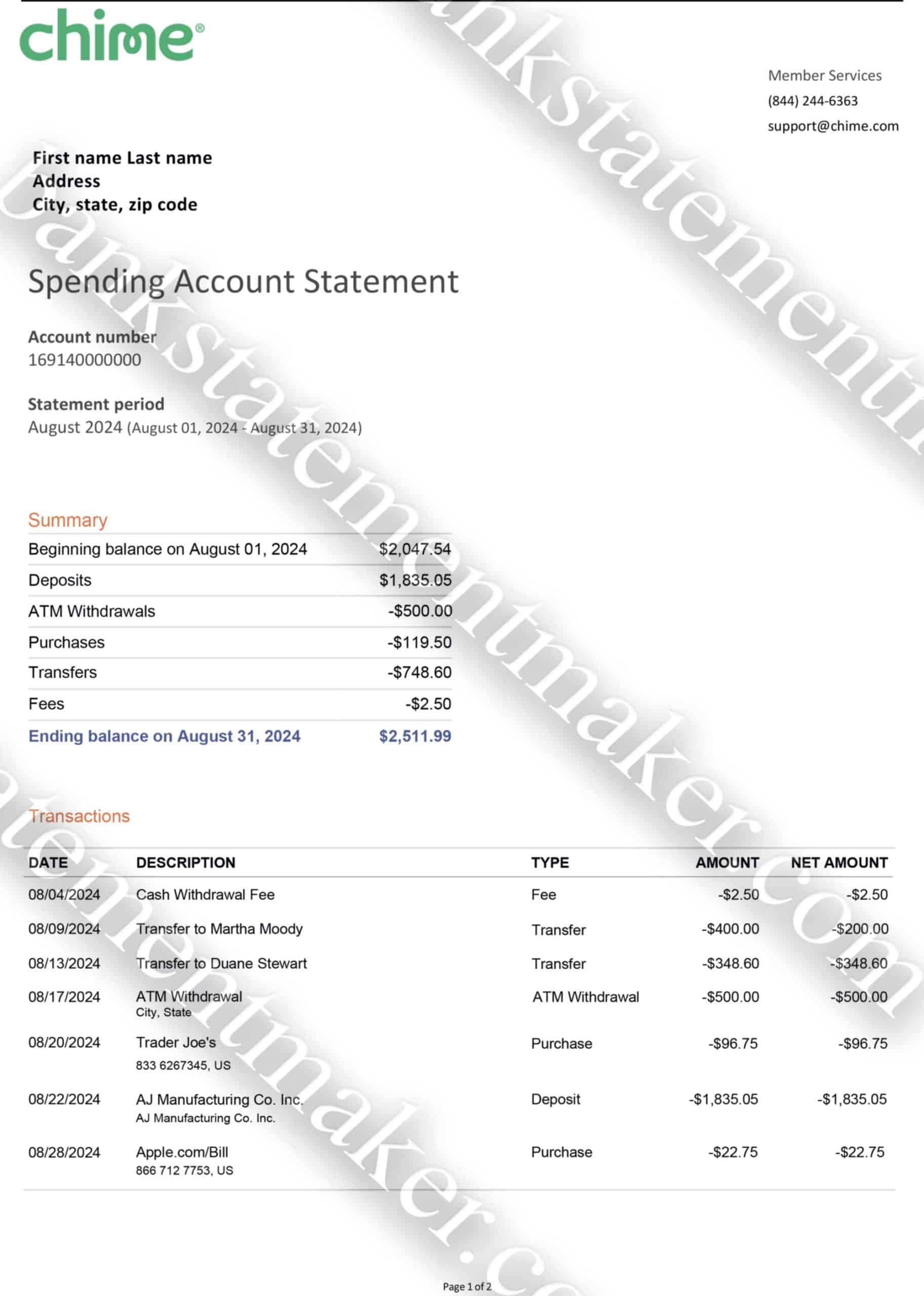 Home 10 Chime bank statement mockup – editable PDF for KYC, UX testing, and address verification