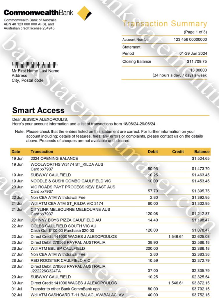 Commonwealth Australia Bank bank statement template 2 Commonwealth Bank of Australia statement – realistic editable PDF for address proof