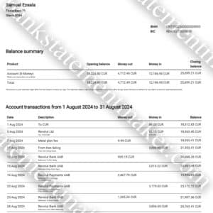Sample PDF bank statement from Revolut USA with realistic layout and editable financial data, ideal for UX and training use.