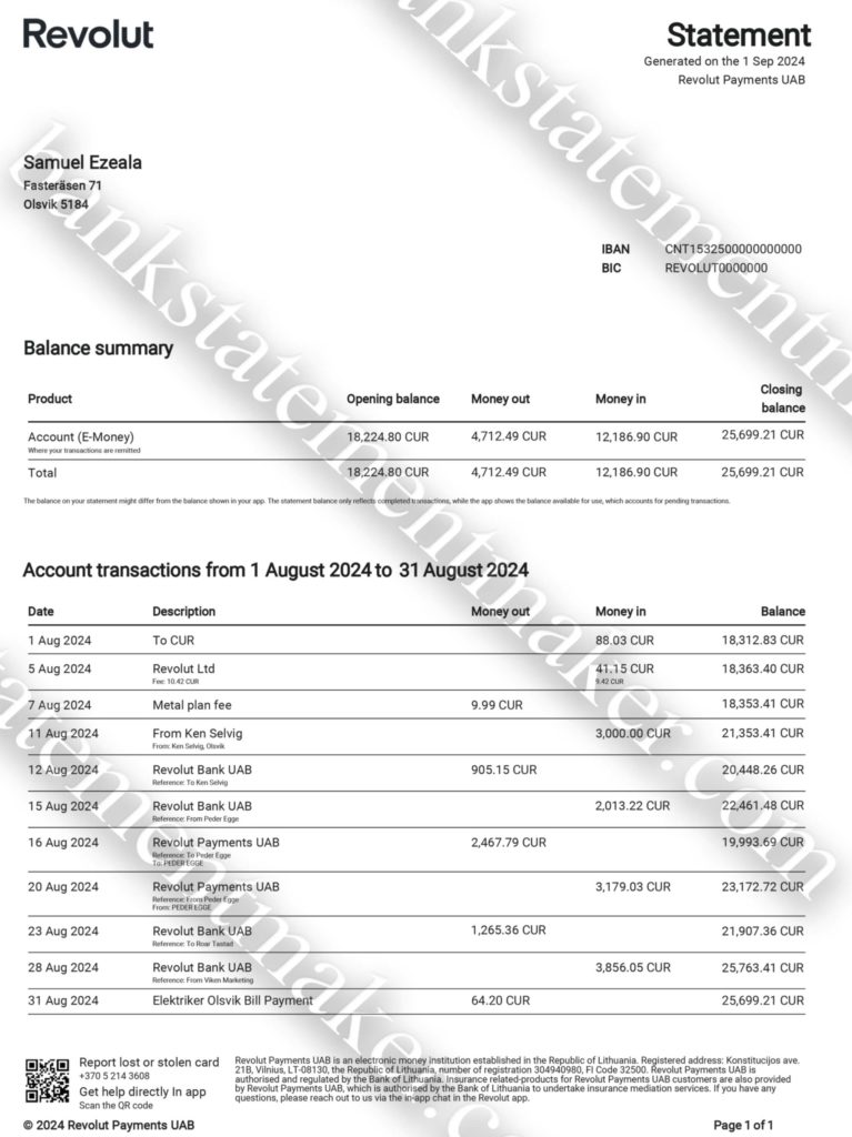 Revolut bank statement template 2 Sample PDF bank statement from Revolut USA with realistic layout and editable financial data, ideal for UX and training use.