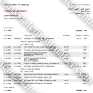 UniCredit Italy bank statement template – professional editable PDF for address verification, training, and KYC use