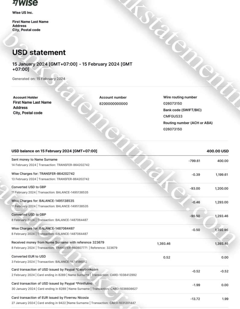 WISE bank statement template 2 Editable PDF bank statement from Wise USA showing sample financial data layout for training or user experience simulation.