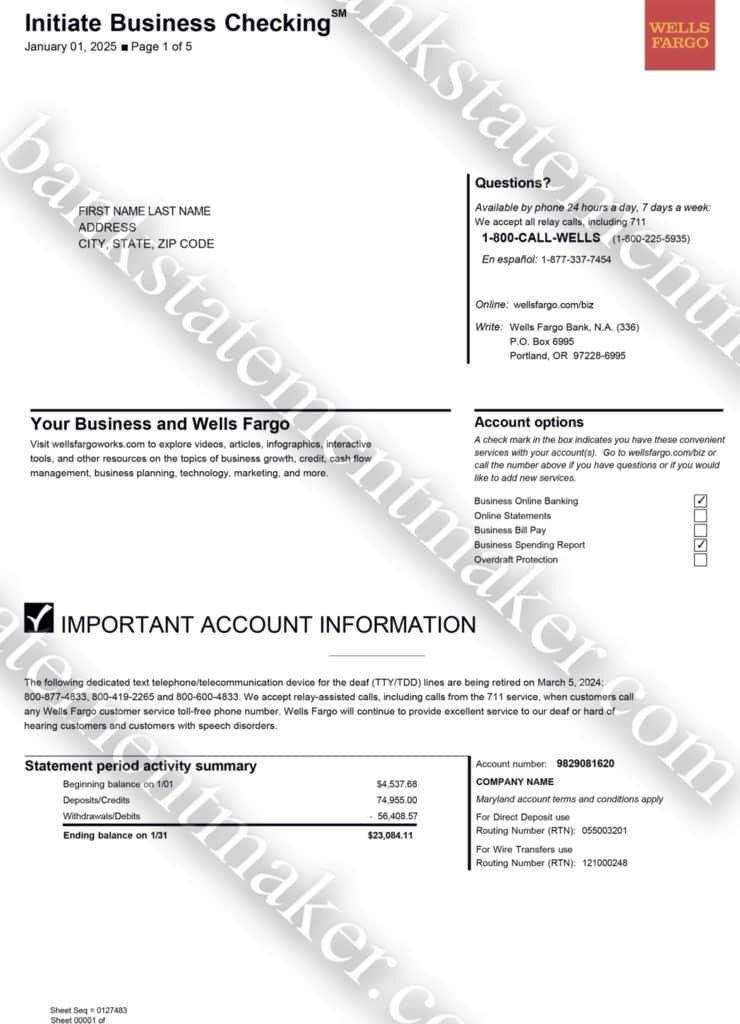 Wells Fargo bank statement template 2 Wells Fargo bank statement template – editable billing PDF for interface testing and verification workflows