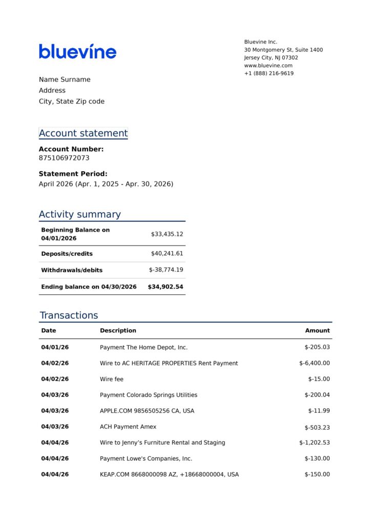 Bank Statement Maker: Ethical Guide to Create Professional Financial Documents Online 2 Bluevine Bank Statement 1