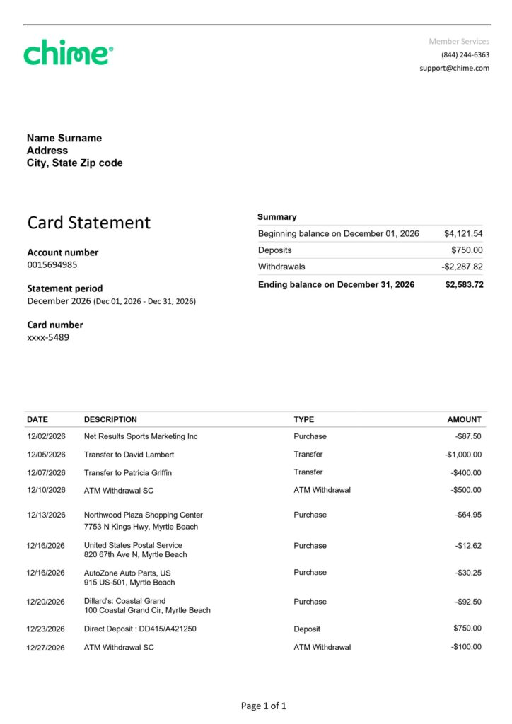 The Ultimate Guide to Business Bank Statement Generators: Create Professional Financial Documents With Confidence 15 Chime Bank Statement 1