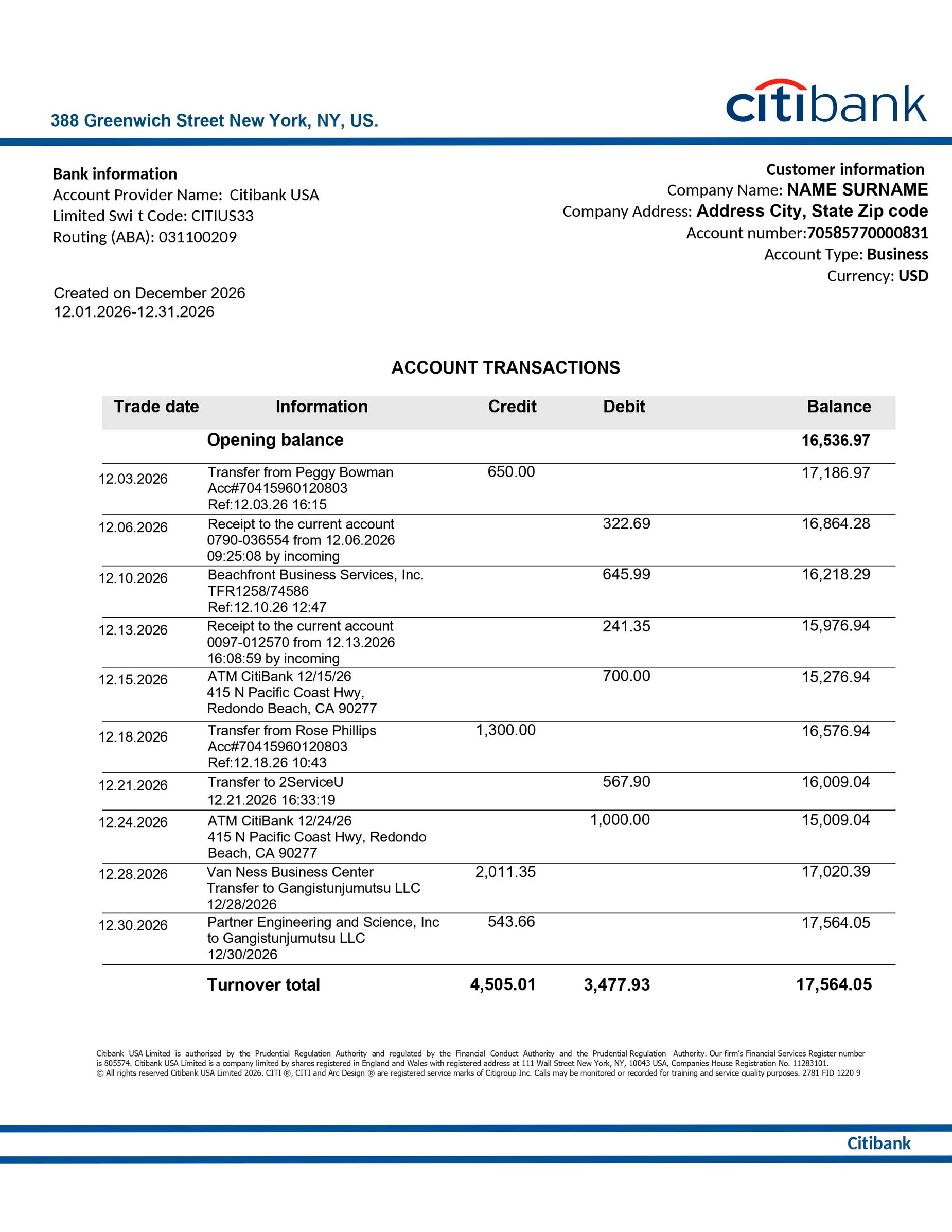 professional bank statement document template preview